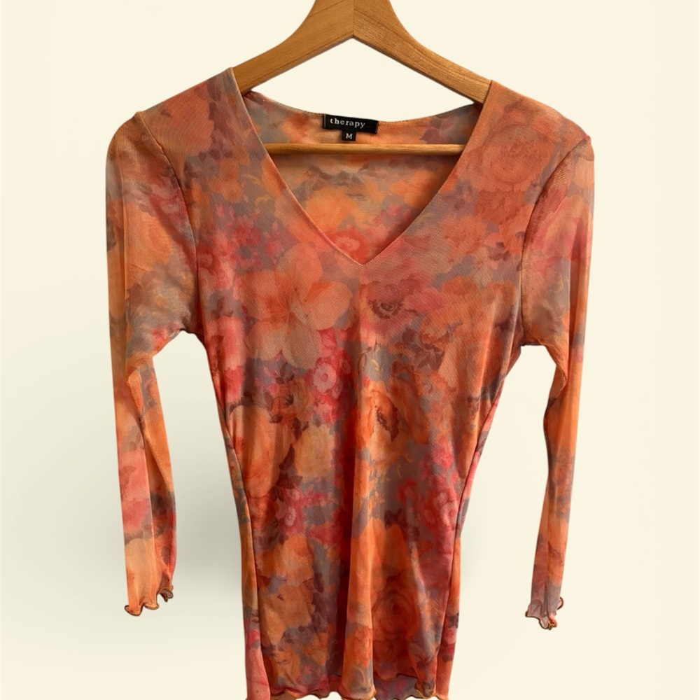 Y2K Fairy Women's Floral mesh/Sheer  V-Neck Top - Orange and Pink